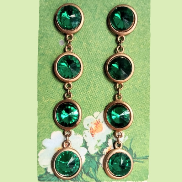 Green Rhinestone Dangle Vintage Earrings - Picture 5 of 14